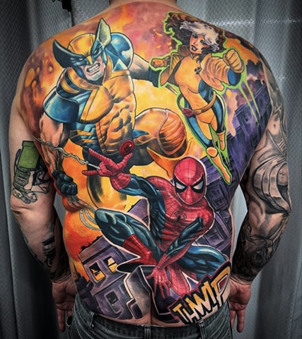 Full-colour X-Men back piece tattooed by Brett Schwindt