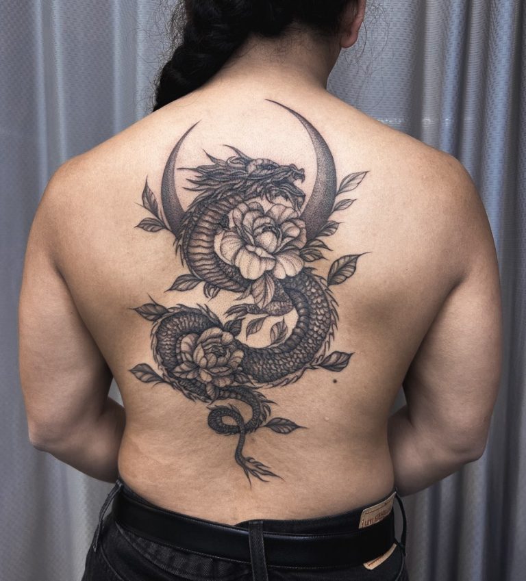Large black and grey dragon back piece by Valeriia Mosina