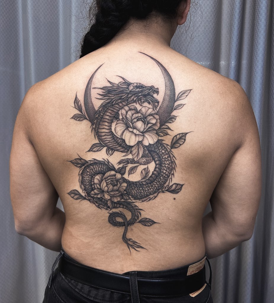 Large black and grey dragon back piece by Valeriia Mosina