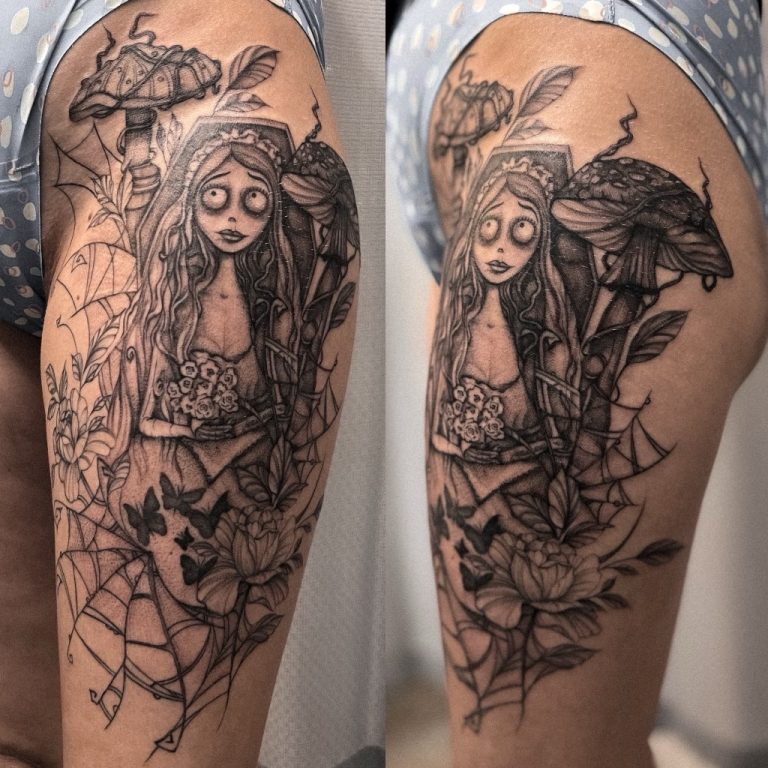 Black and grey Corpse Bride thigh piece with mushrooms and peonies by Valeriia Mosina, shown from two angles