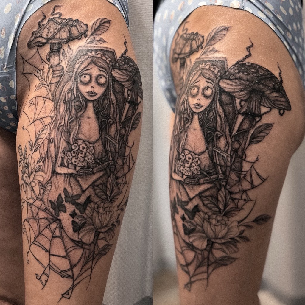 Black and grey Corpse Bride thigh piece by Valeriia Mosina, shown from two angles
