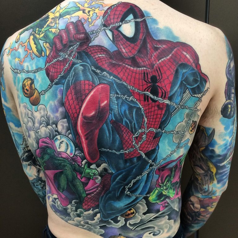 Full-colour Spider-Man back piece with Green Goblin and Mysterio, tattooed by Brett Schwindt