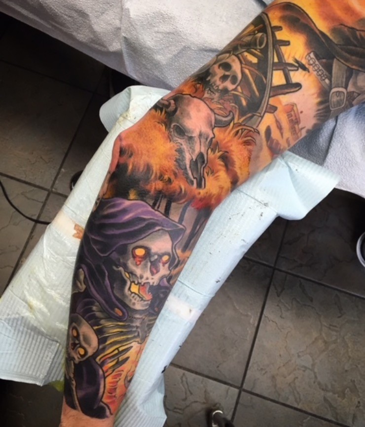 Full-colour western and horror themed sleeve in progress, tattooed by Brett Schwindt